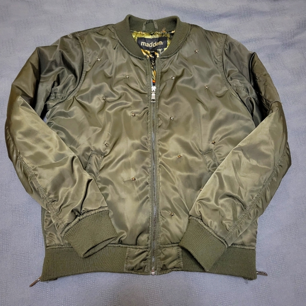 Madden NYC Star Embellished Olive Green Bomber Jacket Women's Size Large